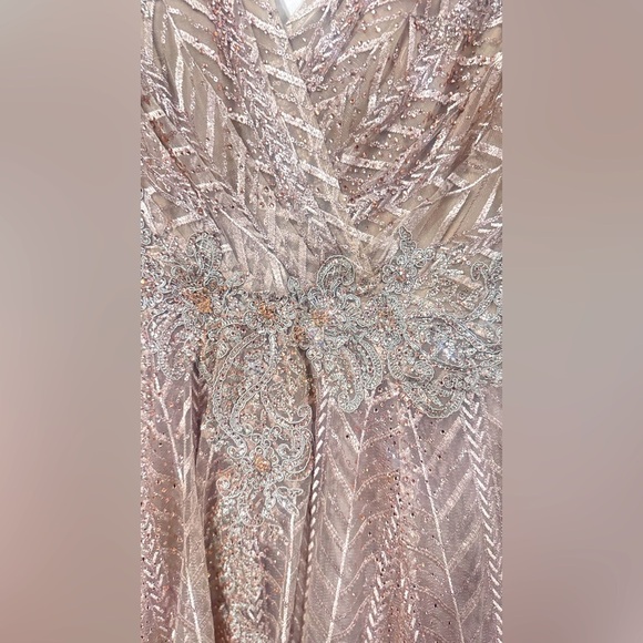 Mac Duggal Beige/Taupe Embellished Illusion Long Sleeve Wrap Over A Line Gown - Picture 5 of 12